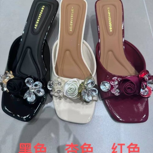 Ladies Crystal Flower Square Toe Heel Slipper