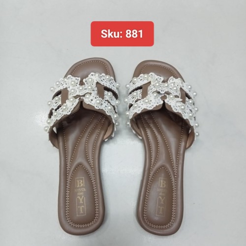 Ladies Pearl &amp;amp; Lace Embellished Flat Sandal