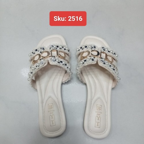 Ladies Pearl &amp;amp; Fringe Logo Flat Sandal
