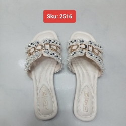 Ladies Pearl &amp;amp; Fringe Logo Flat Sandal